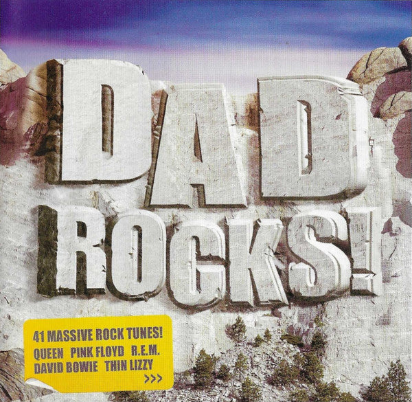 CD cover for “Dad Rocks!” with large rock-textured lettering.