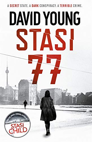 Book cover: “Stasi 77” with a woman walking away in a city.