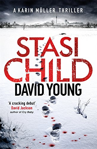 Book cover: "Stasi Child" with red title, footprints in snow, and city skyline.