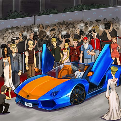 Illustration of a man in a blue and orange sports car surrounded by paparazzi.