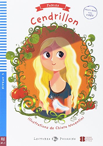 Book cover: "Cendrillon" (Cinderella) with illustrated girl and floral frame.
