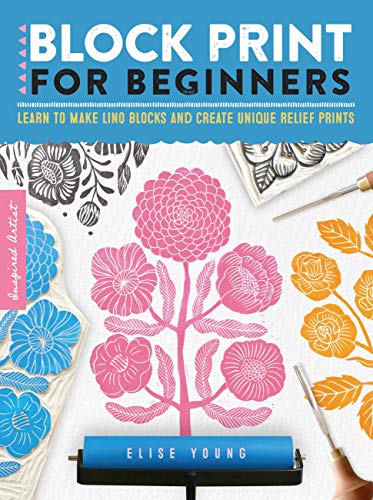 Book cover with floral block prints and printing tools shown.