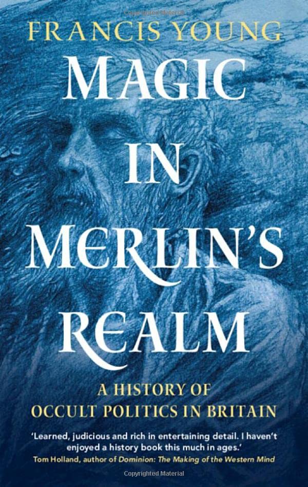 Book cover: “Magic in Merlin’s Realm” with a swirling, smoky face image.