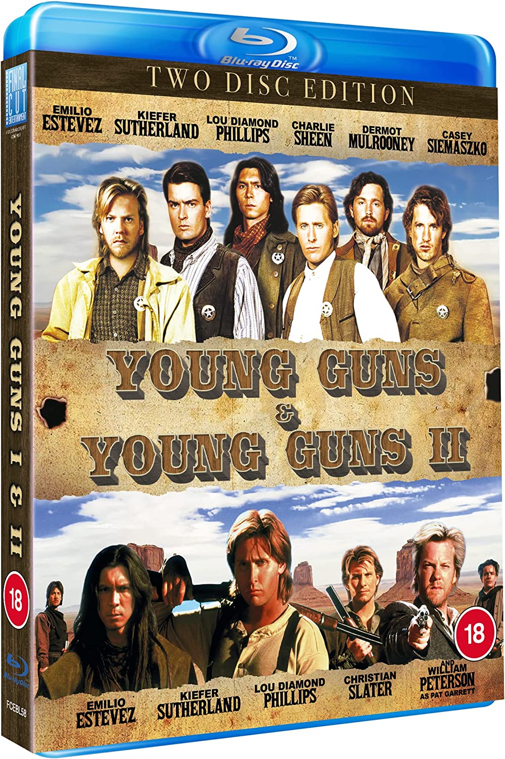 "Blu-ray case with 'Young Guns' and 'Young Guns II' western movie covers."