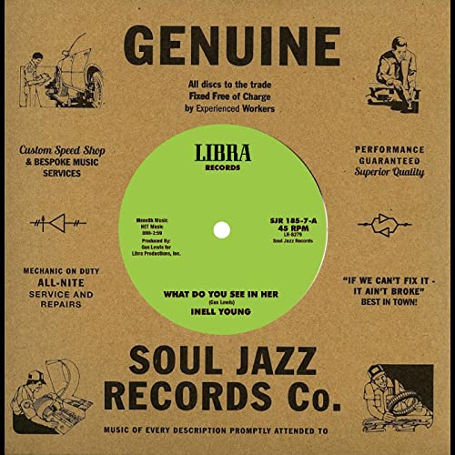 7-inch vinyl record label for Inell Young’s “What Do You See In Her.”