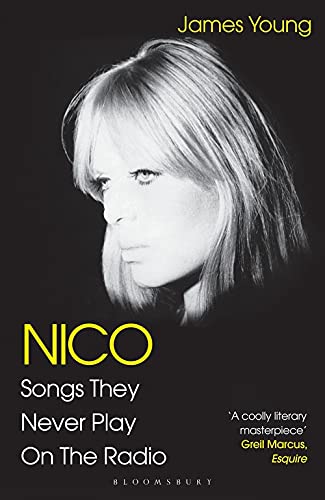 Book cover featuring a black and white portrait of Nico with yellow text.