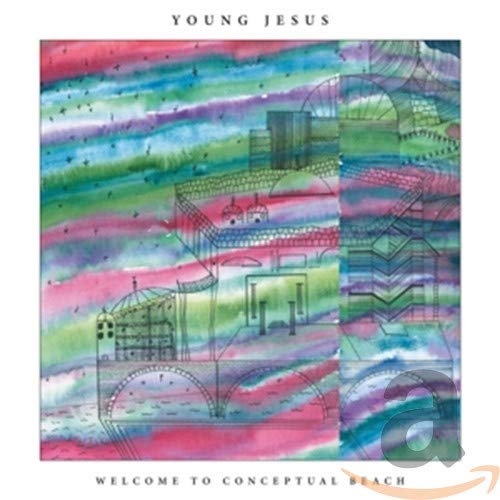 "Album cover art with abstract, colorful illustration of buildings and swirling patterns."