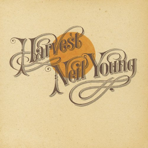 Neil Young Harvest album cover with decorative brown lettering over a tan background.