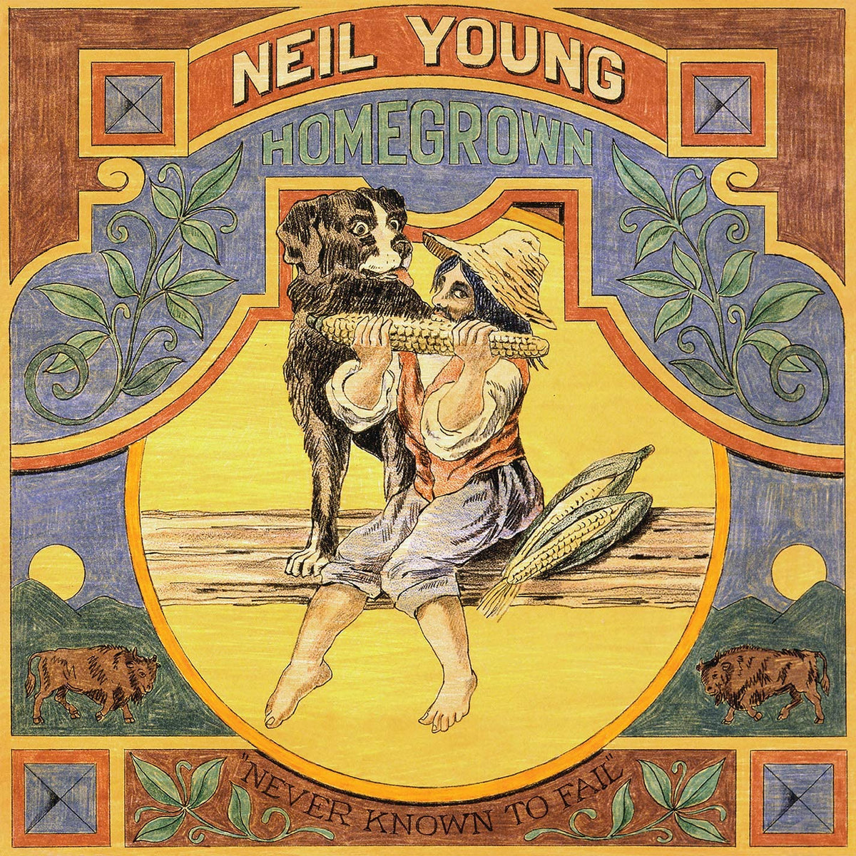 Album cover art featuring a man, dog, and wheat on a yellow background.