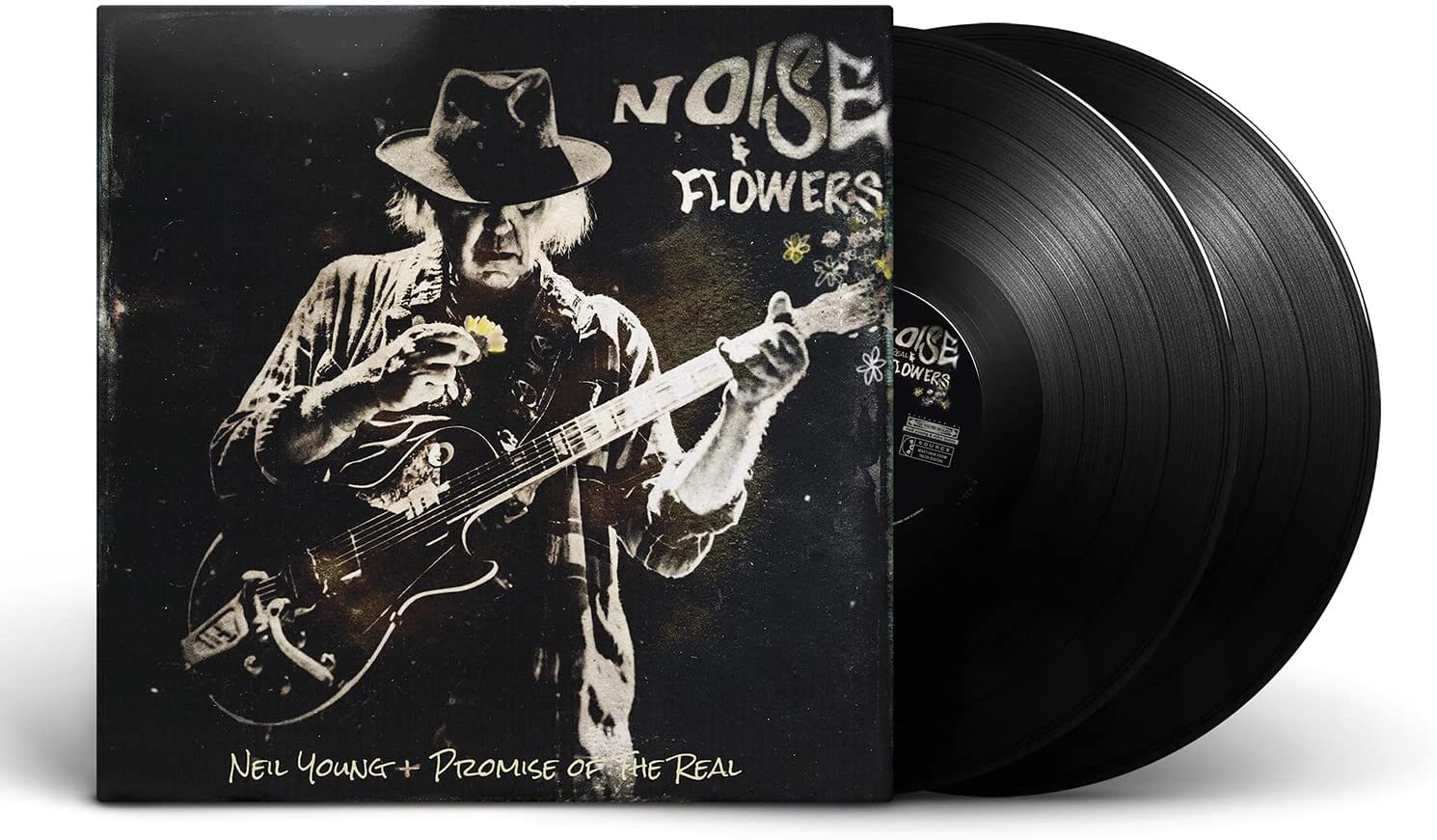 Vinyl album cover featuring Neil Young playing guitar, with 'Noise & Flowers' written.