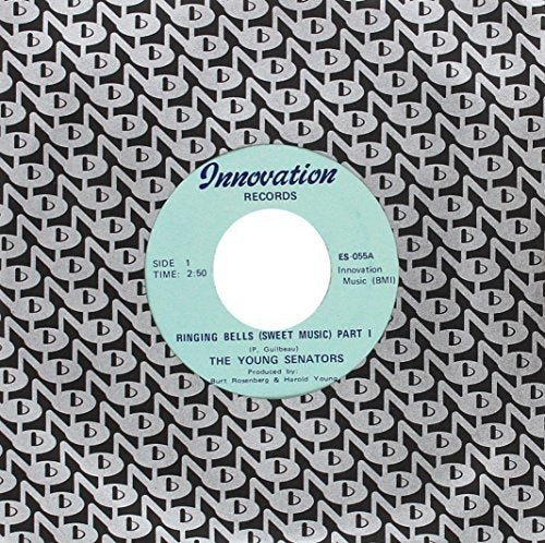 Light blue vinyl record label for The Young Senators on a patterned background.