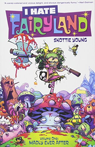 Comic book cover: angry girl with axe in a colorful, violent fairytale.