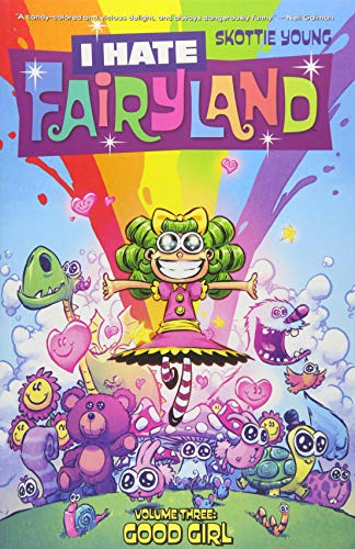 Comic book cover featuring a green-haired girl surrounded by colorful cartoon creatures and rainbows.
