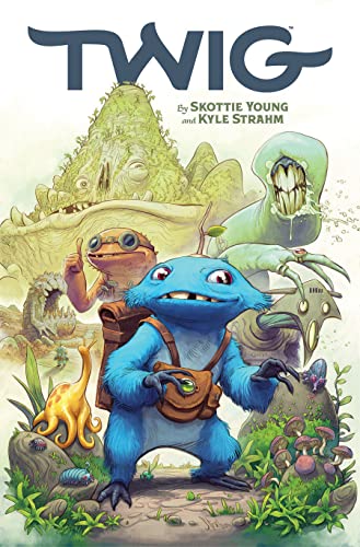 Cover of “Twig, Volume 1” featuring blue, furry monster and fantastical creatures.