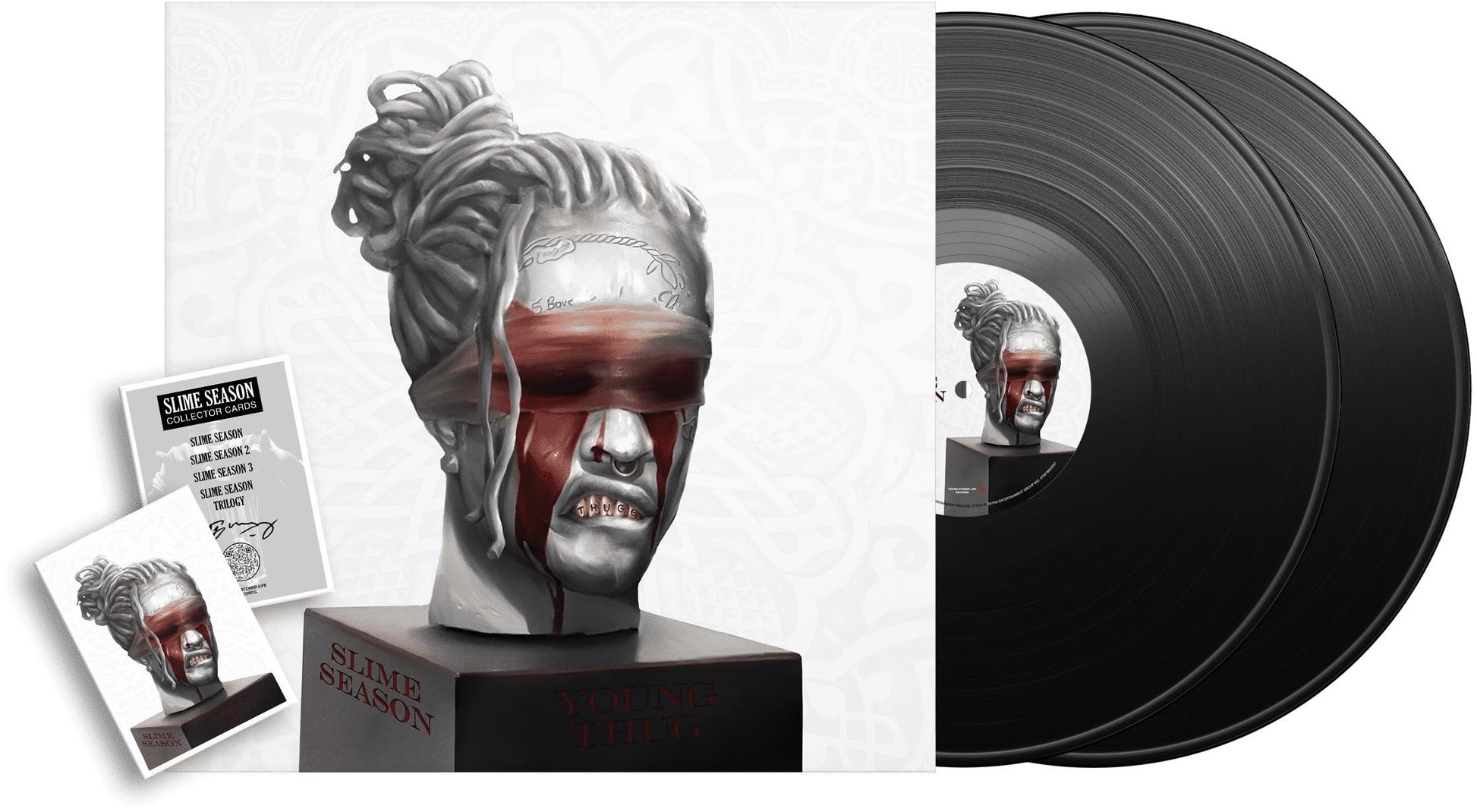 Young Thug's "Slime Season" vinyl record with a sculpted bust and cards.