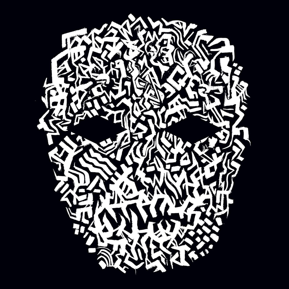 White, abstract skull shape composed of scribbled lines on black background.