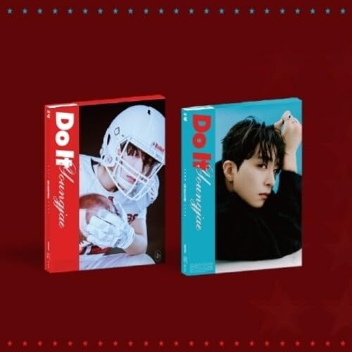 Two Youngjae "Do It" CD cases, one red, one blue, with portraits.