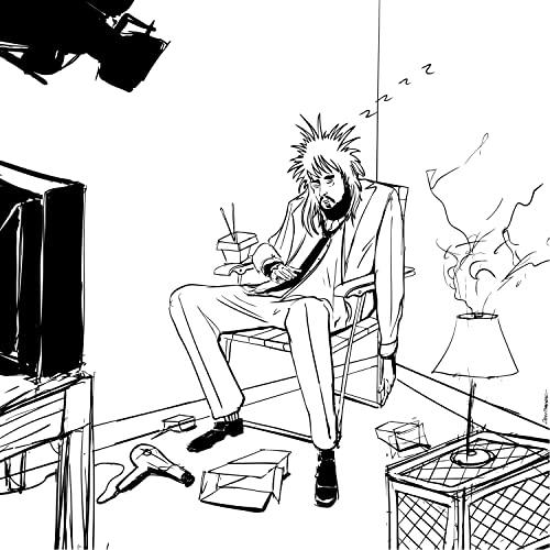 Black and white line drawing of a disheveled man sleeping in a chair.