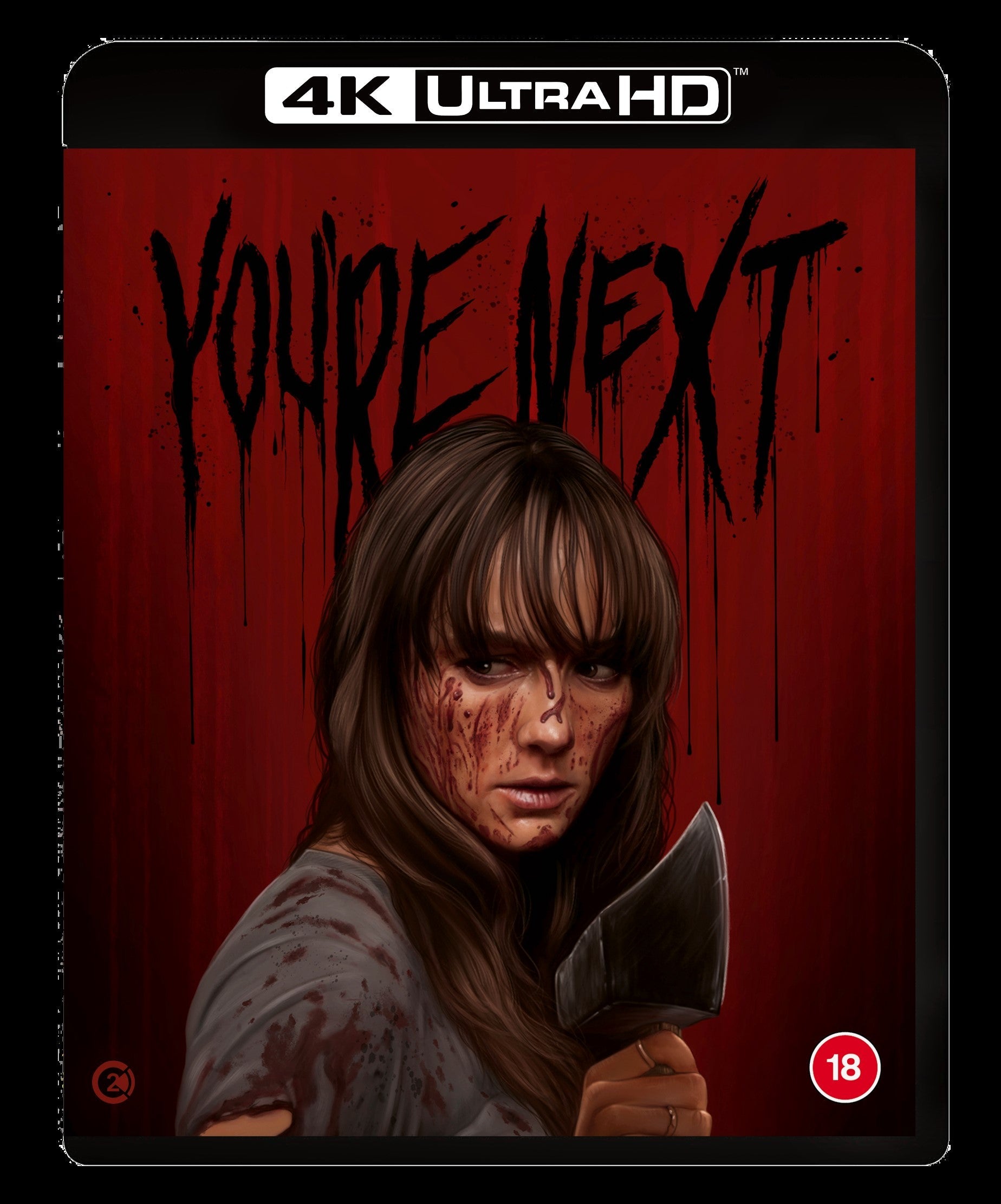 A bloodied woman holds a meat cleaver against a red background with dripping text.