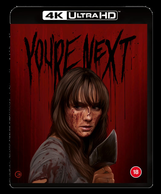 A bloodied woman holds a meat cleaver against a red background with dripping text.