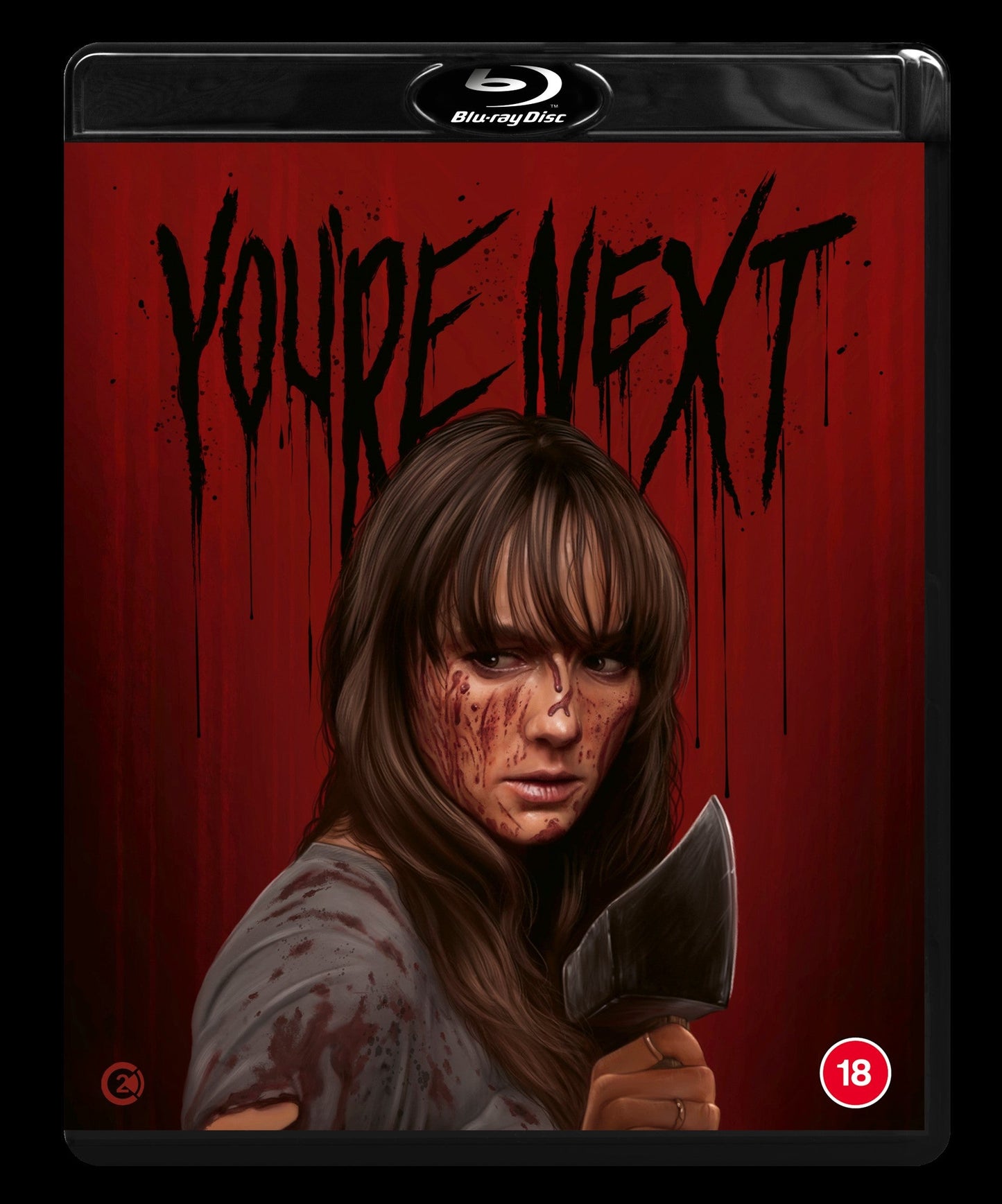 You're Next" Blu-ray cover featuring a bloodied woman holding an axe.
