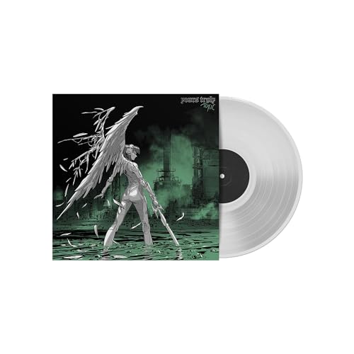Vinyl record with cover art depicting a winged figure in a dystopian landscape.