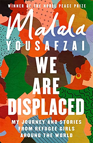 Book cover with illustrated faces and the title "We Are Displaced.