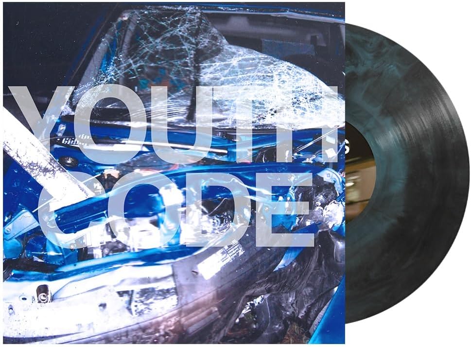 Album cover featuring a wrecked blue car with white text overlay and marble vinyl.