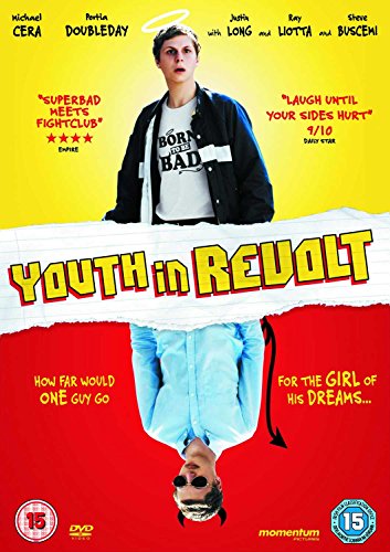 DVD cover for Youth in Revolt featuring Michael Cera with a halo and devil horns.