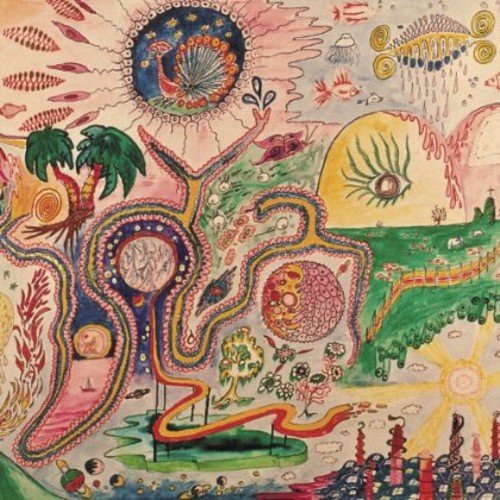 Surreal, colorful album cover with whimsical plants, animals, and eyes.