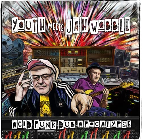Album cover featuring two musicians in a recording studio, vibrant and stylized.