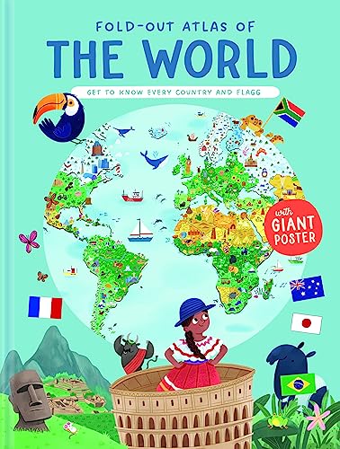 Colorful illustrated world atlas cover with animals, landmarks, and flags.