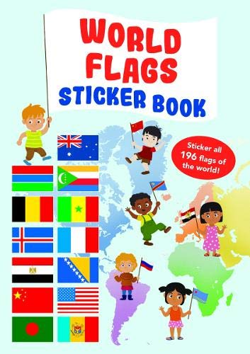 Sticker book cover with diverse children holding world flags on a map.