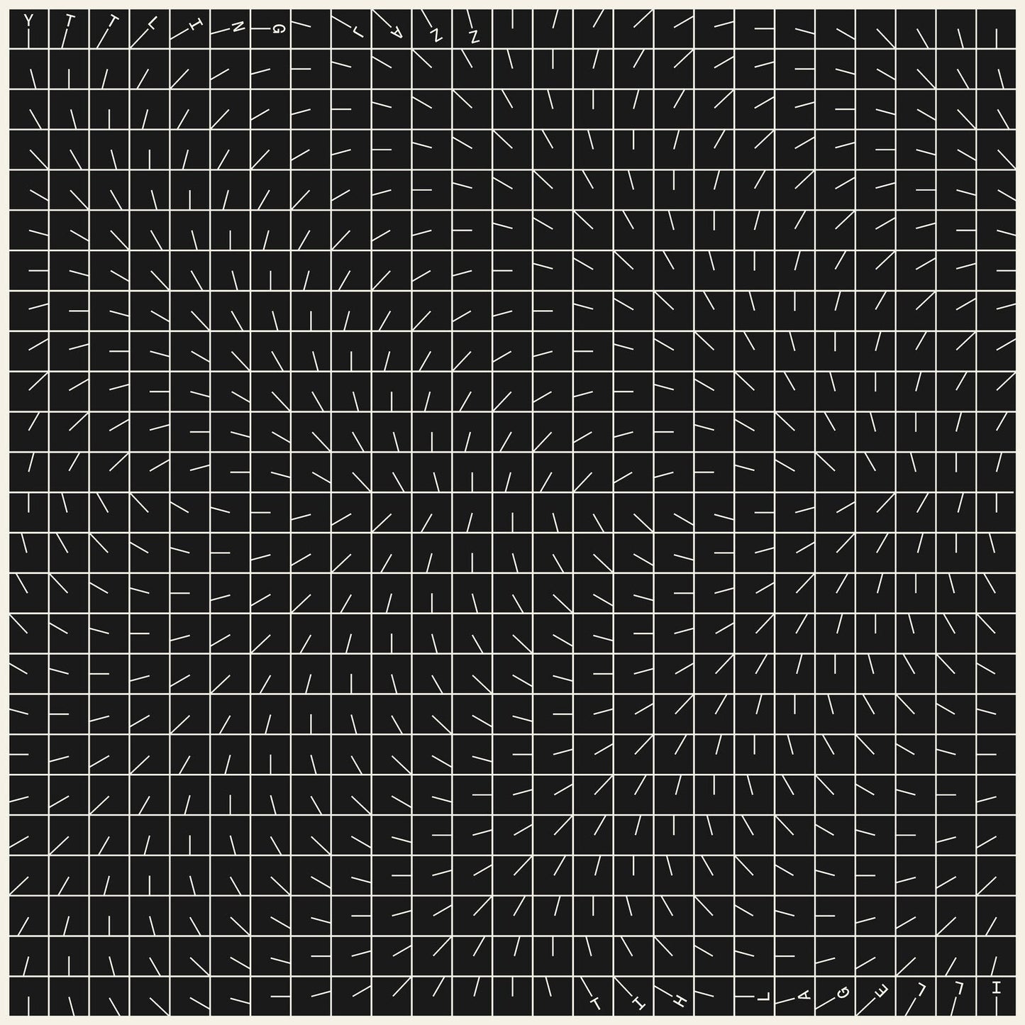 Optical illusion of a black and white grid with diagonal lines.