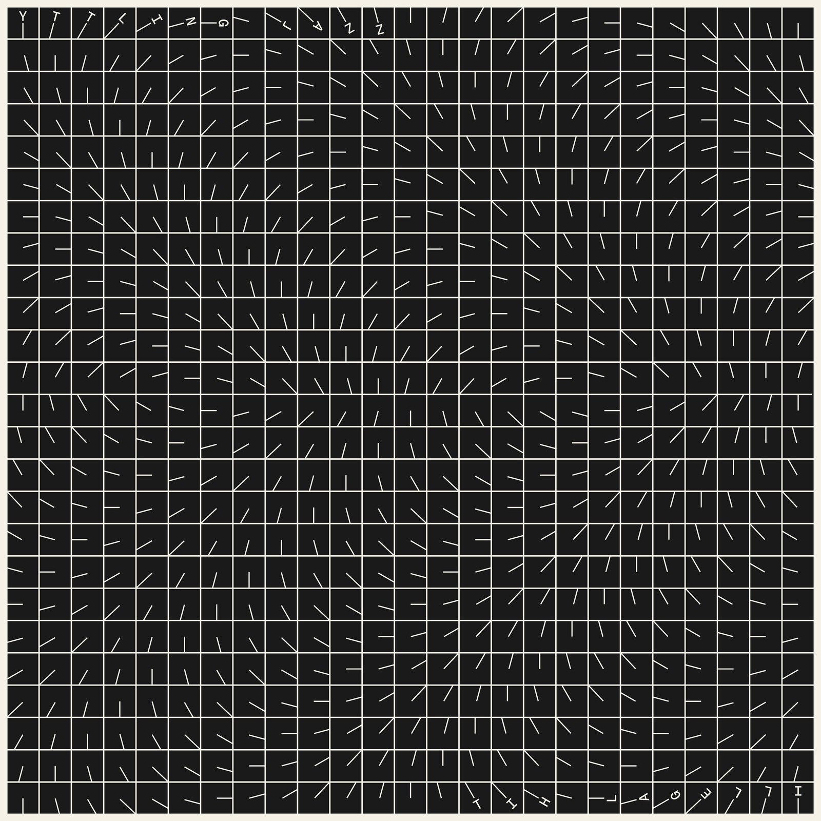 Optical illusion of a black and white grid with diagonal lines.