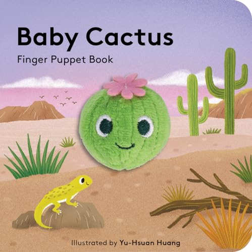 The cover of Baby Cactus Finger Puppet Book shows a plush cactus in a desert.