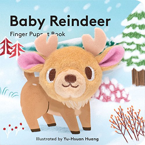 Board book cover featuring a fluffy brown reindeer with pink inner ears.