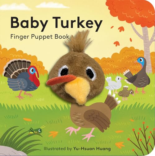 Book cover featuring a brown, fuzzy turkey finger puppet and fall foliage.
