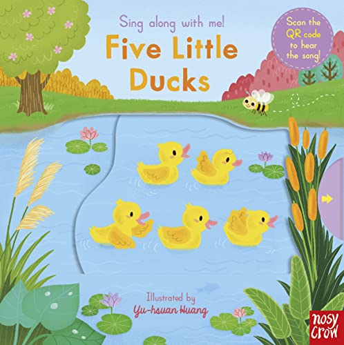 Children's book cover featuring five yellow ducks swimming in a blue pond.