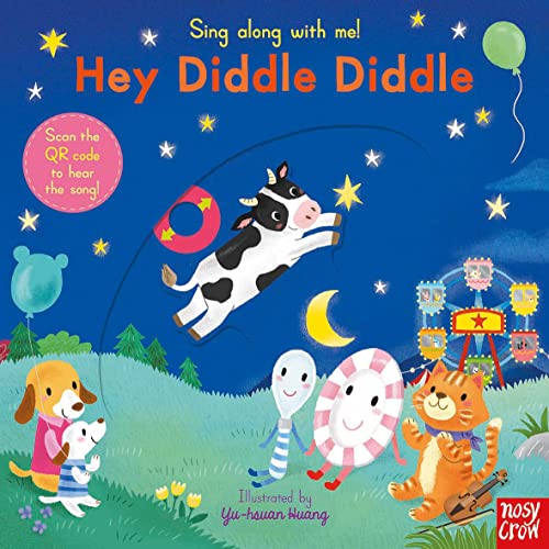 Colorful children’s book cover depicting a cow jumping over the moon.