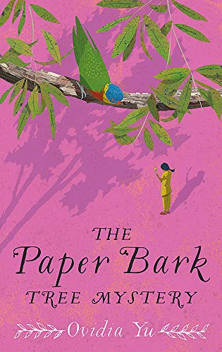 Book cover: pink background, tree branch with parrot, girl in yellow.