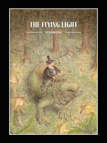 A person rides a large, green lizard through a lush forest scene.