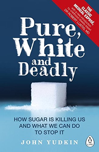 Book cover with "Pure, White and Deadly" title, featuring a sugar cube on a blue background.