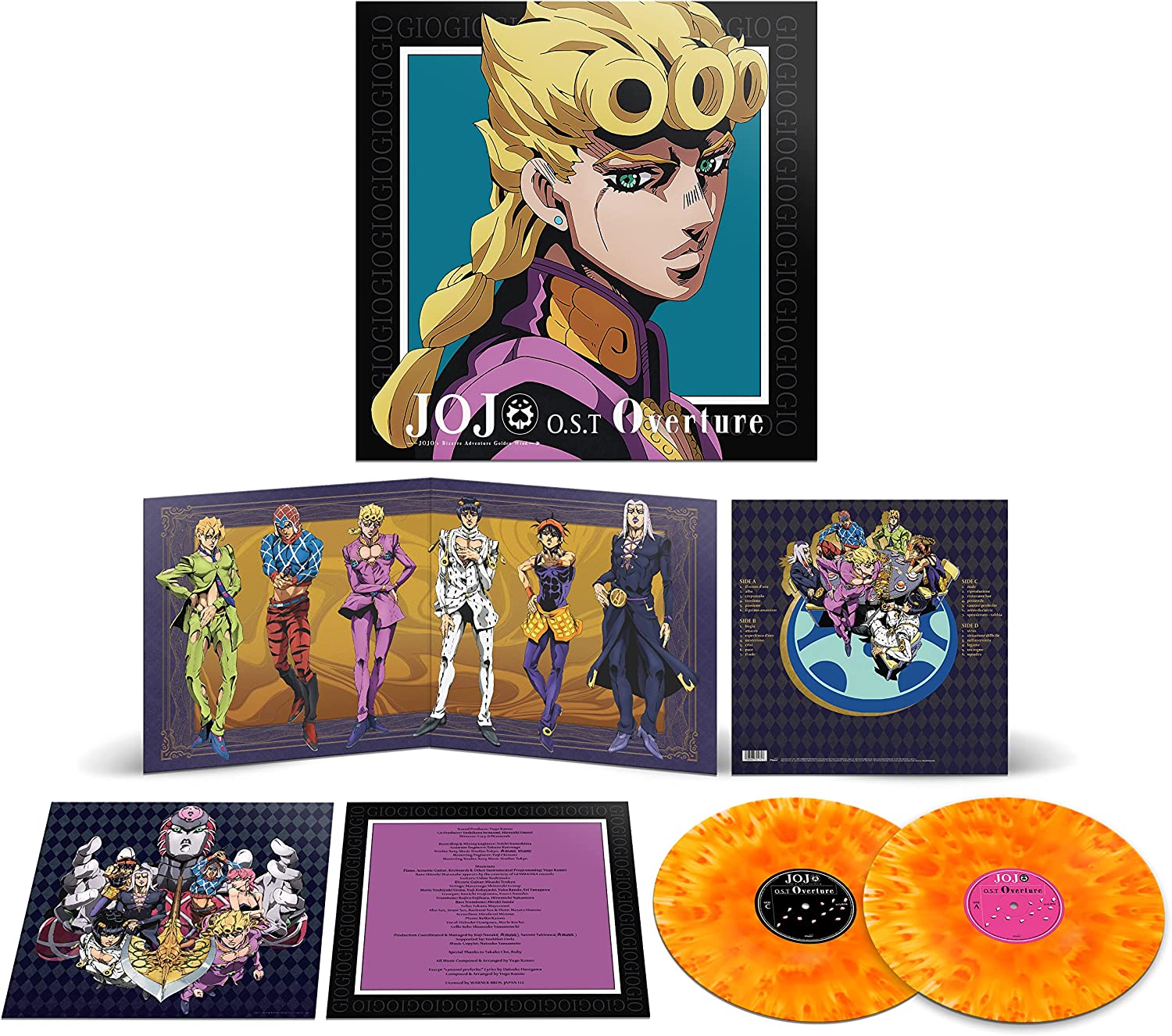 Vinyl set featuring Giorno Giovanna, character art, tracklist, and two orange marbled vinyl discs.