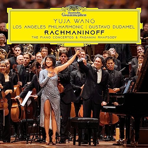 Yuja Wang and Gustavo Dudamel with the Los Angeles Philharmonic orchestra.
