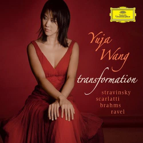 Yuja Wang album cover: portrait of a woman in a red dress.