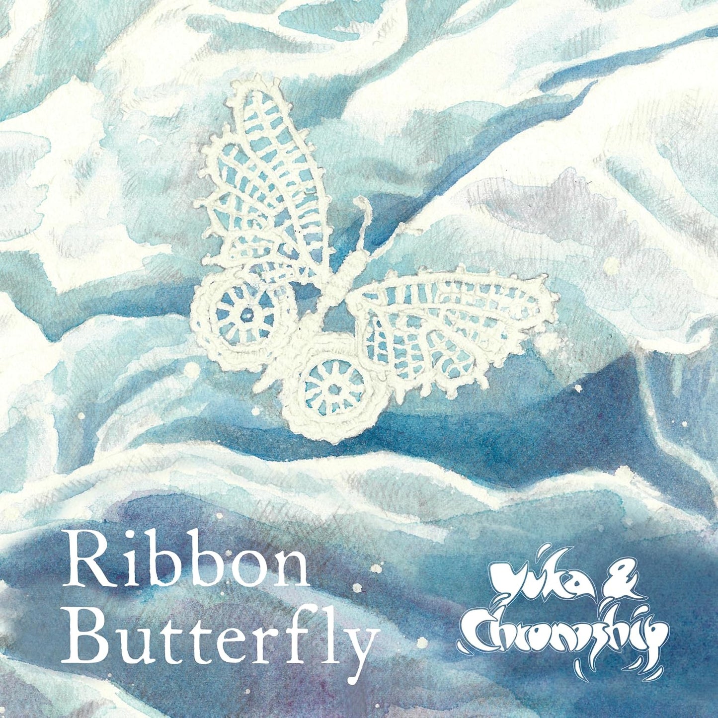 CD cover: white lace butterfly on a blue, watercolor background.