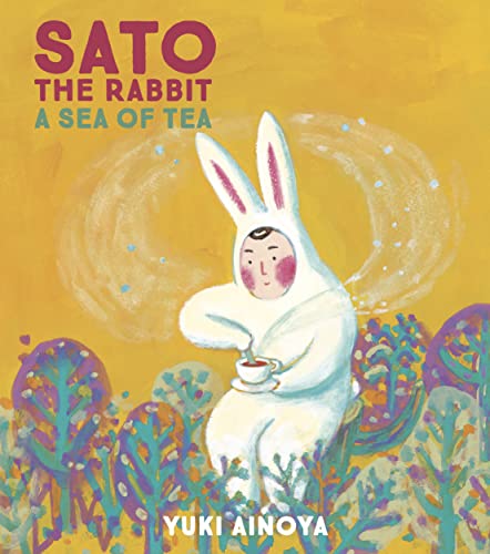 White rabbit with a teacup sits amidst colorful foliage.