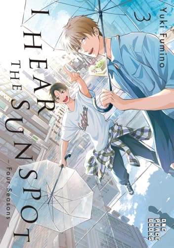Manga cover with two young men and an umbrella in a city.