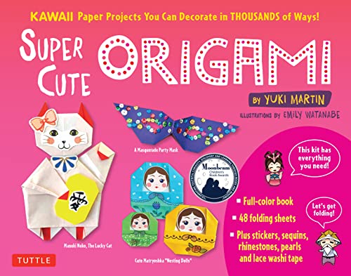 Origami kit cover featuring a folded paper cat, mask, and nesting dolls.